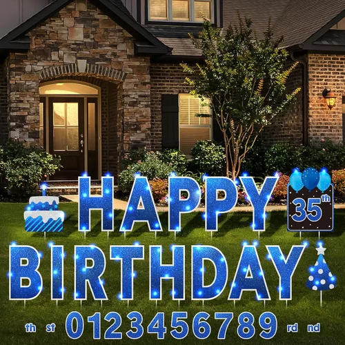 Miniatura 7 de Yerliker 16 piezas de carteles de feliz cumpleaños para patio con estacas, luces LED de 32.8 pies, 42 piezas de adhesivos numéricos, carteles