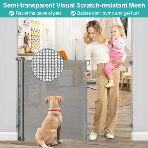 Miniatura 7 de Puerta de bebé extra alta de 42 pulgadas para escaleras de 55 pulgadas de ancho, puertas retráctiles de malla antiarañazos para niños o mascotas