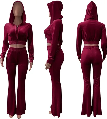 Miniatura 5 de Conjunto de 2 piezas de terciopelo para mujer con capucha y cremallera con bolsillos