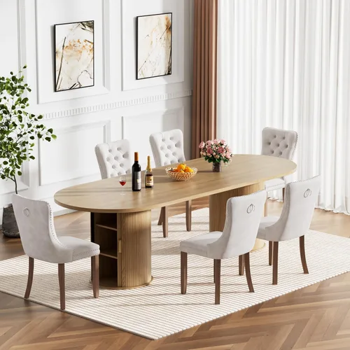 Miniatura 39 de Mesa de comedor redonda extensible de 94 pulgadas con base de almacenamiento, mesa de comedor expandible natural para 10, mesa de comedor de madera