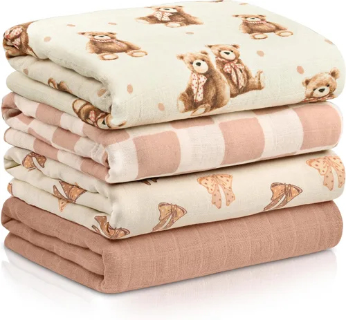 Paquete de 4 mantas de muselina para recién nacidos | 100% algodón transpirable suave muselina grande, 31.5 x 43.3 pulgadas | Parasol multiusos para