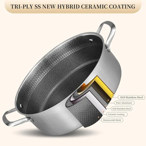 Miniatura 7 de Inqibee - Sartén híbrida de 5 QT de acero inoxidable con revestimiento cerámico de tres capas sin adherencia con tapa, olla de cocina de inducción