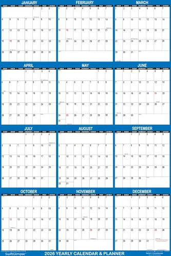 Miniatura 3 de 32" x 48" SwiftGlimpse - Calendario de pared 2026, borrable, grande XL, borrado en húmedo y seco, laminado, 12 meses, agenda anual, reversible, azul
