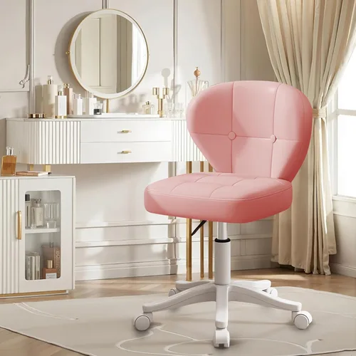 Miniatura 5 de Silla pequeña de oficina con soporte lumbar, silla de escritorio sin brazos de cuero sintético giratoria con altura ajustable, silla compacta Rosa