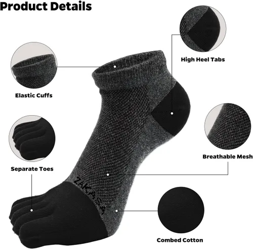 Miniatura 3 de ZAKASA Calcetines de tobillo para hombre, atléticos, para correr, de algodón, de cinco dedos, de malla transpirable, talla 8-12 (5 pares)