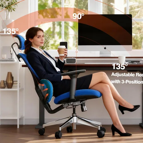Miniatura 5 de Silla de oficina ergonómica, silla de escritorio de respaldo alto con apoyabrazos 4D, silla giratoria reclinable de 135° con bloqueo de inclinación