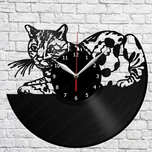 Reloj de pared de vinilo con diseño de leopardo y gato, registro LP, decoración del hogar, hecho a mano, regalo de personalidad (tamaño 12 pulgadas,