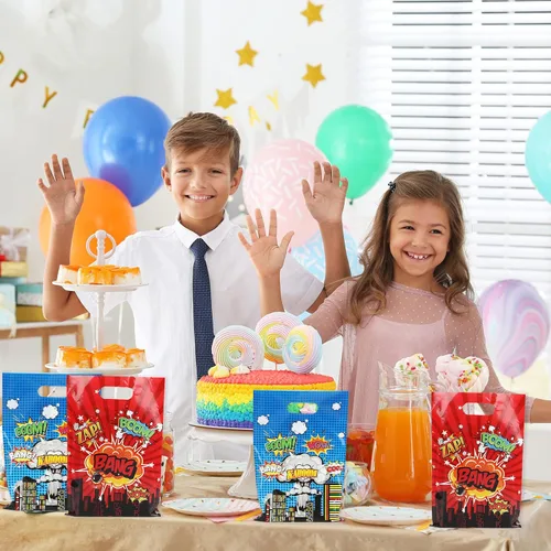 Miniatura 7 de 50 bolsas de regalo de héroe con temática de héroe de feliz cumpleaños, bolsas de regalo de héroe de acción de héroe, bolsas de regalo de plástico