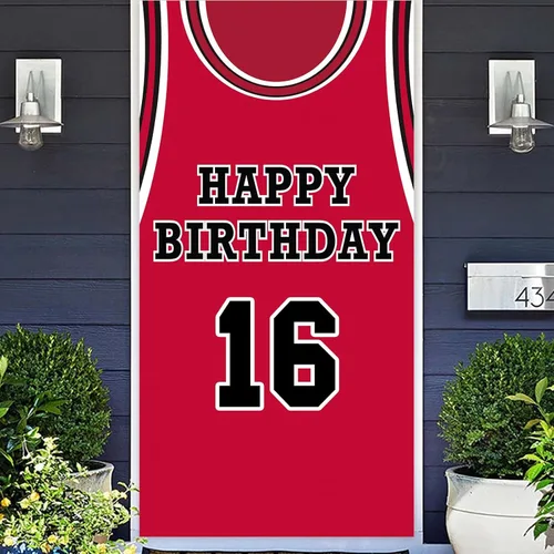 Miniatura 13 de Cartel de feliz cumpleaños 10 pancarta de fondo rojo de baloncesto estrella jugador de deportes decoración para hombre niño 10 cumpleaños