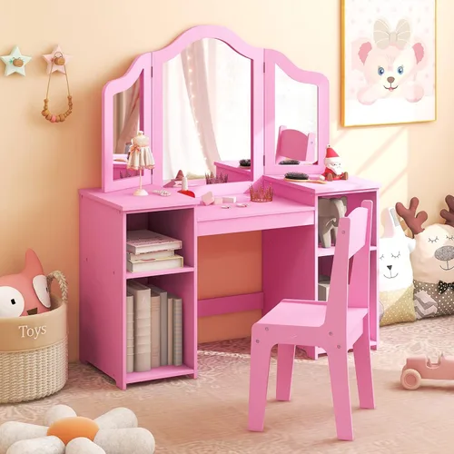 Miniatura 10 de MAT EXPERT Juego de mesa de tocador para niños con espejo de tres pliegues, tocador de juego de simulación con 4 estantes de almacenamiento, tocador