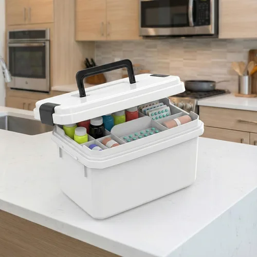 Miniatura 3 de Caja de almacenamiento portátil de medicamentos, estuche de medicamentos multicapa con asa, organizador compacto de medicamentos de plástico