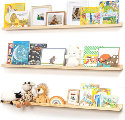 Miniatura 31 de FLYJOE Estante de repisa de fotos para pared, 24 pulgadas de madera de fresno maciza, estantes para libros de guardería, estantes flotantes
