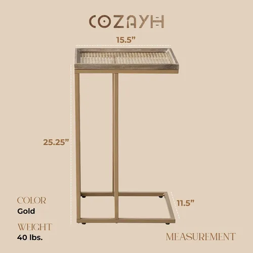 Miniatura 3 de COZAYH Mesa auxiliar de sofá en forma de C de granja con bandeja tejida de madera rústica y metal y marco de metal, mesa auxiliar para sala de Negro