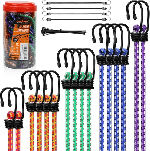 Miniatura 11 de HORUSDY Tarro surtido de 31 cuerdas elásticas de alta calidad, incluye cuerdas elásticas de 10, 18, 24, 32, 40 pulgadas, lazos de cremallera de 6 31