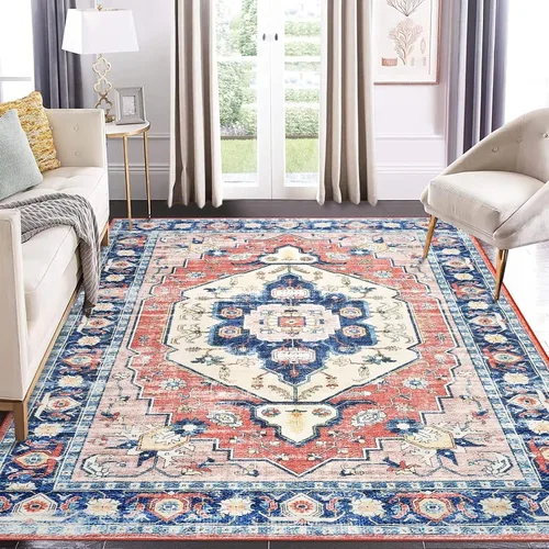Miniatura 13 de COZYLOOM Alfombra de área de 2 x 6 pies, tribal, envejecida, para entrada, medallón vintage, alfombra para interiores, alfombra de pelo bajo, suave