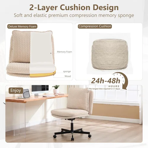 Miniatura 5 de Fizzin Silla cruzada sin brazos, con ruedas cruzadas, asiento de espuma viscoelástica con cojín de respaldo abatible, silla giratoria de respaldo