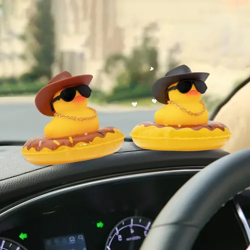 Miniatura 7 de wonuu Pato de goma para automóvil, decoración de pato amarillo con sombrero para el sol, anillo de natación, collar, gafas de sol para decoración