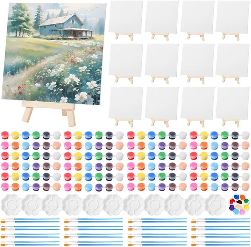 Miniatura 8 de Qilery Juego de 12 piezas de pintura en lienzo, mini lienzo con caballetes de madera, tiras de pinturas acrílicas, pinceles, paleta, juego de arte