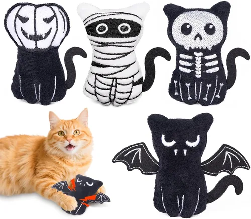 Retro Shaw Paquete de 4 juguetes de hierba gatera arrugada para gatitos de interior, felpa suave para Halloween, juguetes góticos para gatos, juego