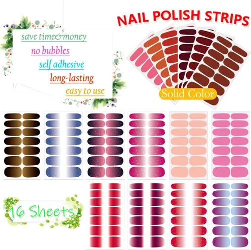 Miniatura 2 de 16 hojas de calcomanías de esmalte de uñas, envolturas de uñas completas con purpurina, tiras de esmalte de uñas de color sólido, tiras de uñas