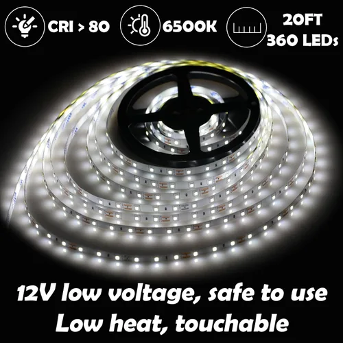 Miniatura 3 de Kit de tira de luz LED blanca de 20 pies, tira de luz de 6500 K, 360 LED de 12 V, tiras de luz LED flexibles para dormitorio, cocina, debajo