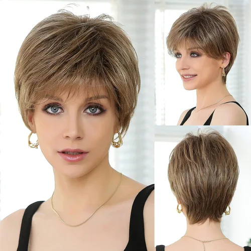 Miniatura 9 de HAIRCUBE Pelucas cortas de corte Pixie con textura de cabello humano para mujeres con flequillo pelucas sintéticas de repuesto - #17/101