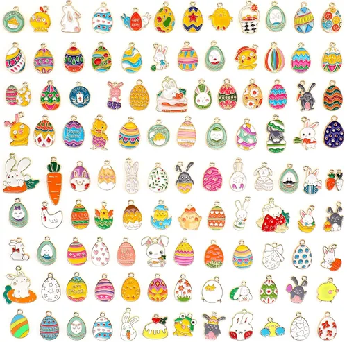 SANNIX 110 dijes de Pascua, dijes de Pascua para hacer joyas, surtido de huevo, pollo, conejo, conejo a granel, esmalte dorado, colgantes de