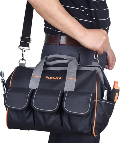 Miniatura 5 de MEIJIA Bolsa de herramientas impermeable resistente, organizador de herramientas de lona de boca ancha de 14 pulgadas con correa de hombro ajustable