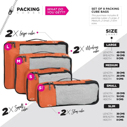 Miniatura 2 de FATMUG Juego de 8 organizadores de bolsas de viaje (2 unidades, grandes, medianas, pequeñas y delgadas), color naranja
