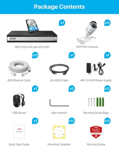Miniatura 9 de ZOSI Sistema de cámaras de seguridad para el hogar 4K 16CH PoE con disco duro de 4TB, NVR CCTV H.265 de 8MP de 16 canales, 12 piezas de cámaras IP