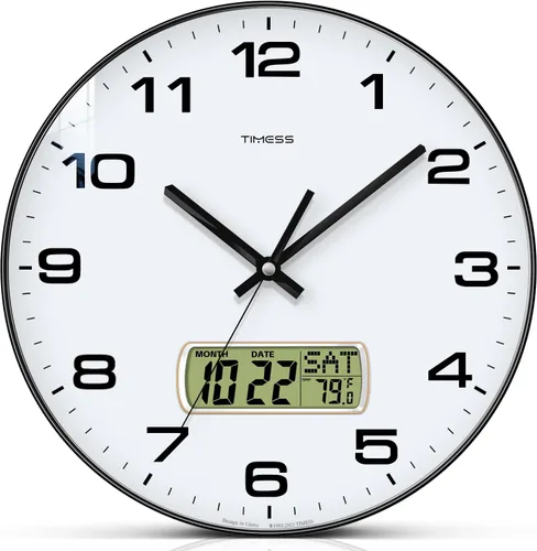 TIMESS Reloj de pared, esfera de 12 pulgadas, sin tic-tac, silencioso, funciona con pilas, analógico con pantalla LCD para calendario perpetuo y