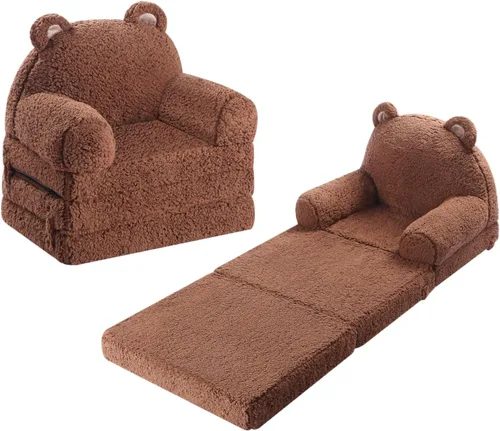 MOMCAYWEX Sofá para niños, sofá Sherpa con cojines de espuma de tres capas, asiento cómodo para niños de 18 meses en adelante, marrón