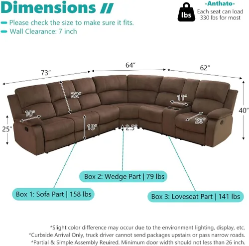 Miniatura 2 de Juego de sofá seccional reclinable manual, juegos de muebles de sala de estar, sofá seccional en forma de L y 2 sillas, cómodo sofá reclinable