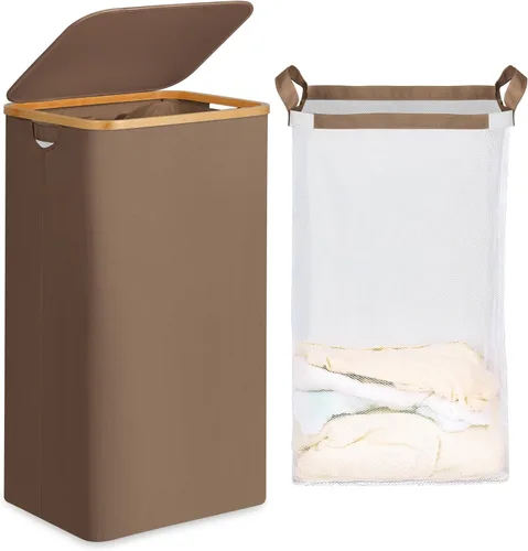 Miniatura 20 de efluky Cesta de lavandería con tapa y bolsa extraíble, cesta de lavandería de 100 litros de alto con asas de bambú, papelera estética para ropa Gris