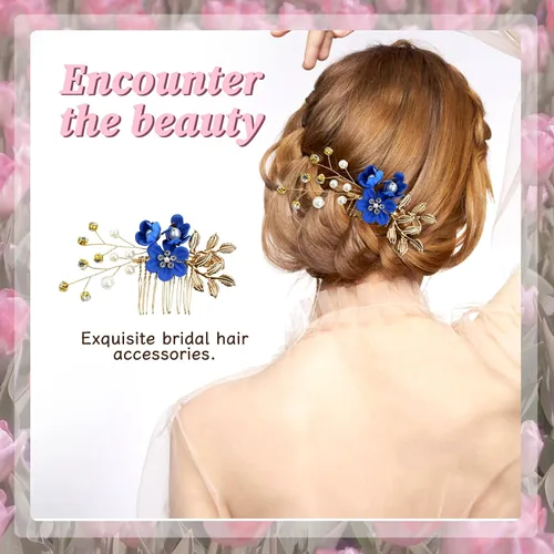 Miniatura 3 de inSowni Paquete de 20 Peines Laterales Clásicos Blancos Rosa Polvoriento Azul Flor Nupcial Boda + Horquillas de Pelo con Forma de U con Flores +