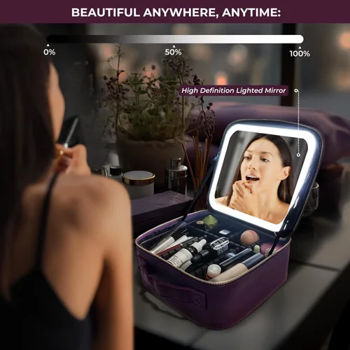 Miniatura 3 de ZEVGANI Bolsa de maquillaje de viaje con estuche de cosméticos de luz LED, estuche de maquillaje portátil con espejo iluminado, bolsa organizadora