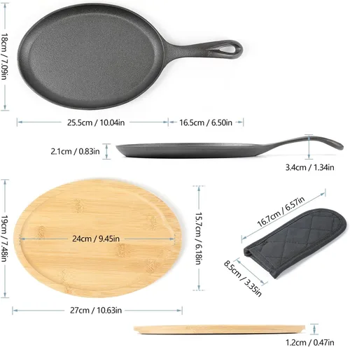 Miniatura 2 de HAWOK Plato de fajita de hierro fundido, 16.5 pulgadas de largo x 7.09 pulgadas de ancho, con bandeja de bambú y soporte para mango, pre-sazonado