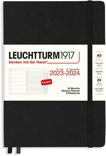 LEUCHTTURM1917 - Agenda semanal y cuaderno de 18 meses mediano A5, julio de 2023 - diciembre de 2024, inglés, tapa dura, negro