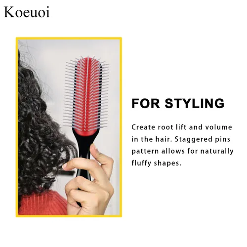Miniatura 5 de Cepillo clásico de peinado para cabello rizado húmedo o seco. Cepillo negro de 9 filas para desenredar, separar y dar forma rojo (1 pieza)