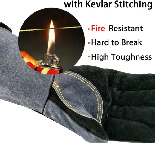 Miniatura 3 de WZQH Guantes de soldadura de cuero de 14 pulgadas, 932 ℉, pequeños, resistentes al calor/fuego, guantes pequeños para barbacoa, horno, parrilla