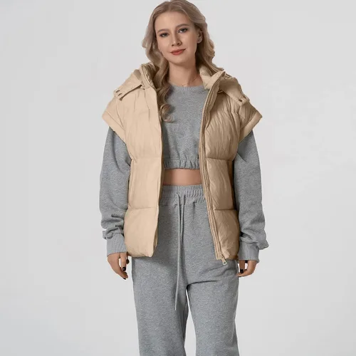 Miniatura 41 de Shiyifa Chaleco acolchado para mujer, chaqueta de gran tamaño, sin mangas, ligera, con cremallera, con capucha desmontable