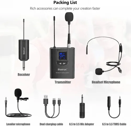 Miniatura 8 de Bietrun - Sistema de micrófono inalámbrico UHF Lavalier de solapa/micrófono para auriculares/micrófono de soporte, rango de 50.3 metros, transmisor