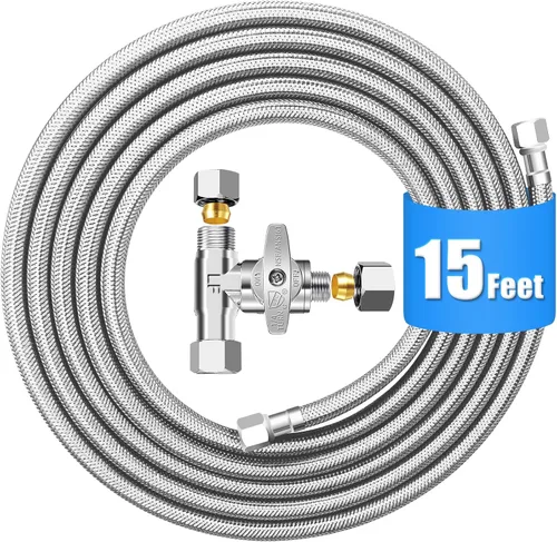 Miniatura 8 de Kit de línea de agua para refrigerador - Línea de agua trenzada de acero inoxidable de 10 pies para máquina de hielo con válvula de parada en T