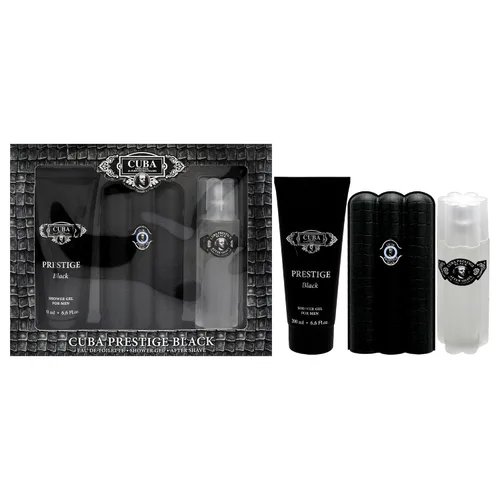 Cuba Prestige Black de Cuba para hombres - Juego de regalo de 3 piezas de 3 onzas EDT en aerosol, gel de ducha de 6.6 onzas, 3.3 onzas después del