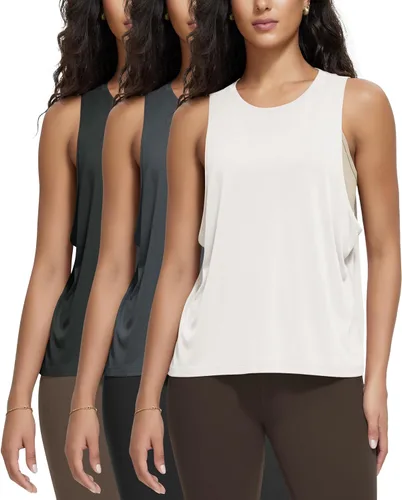 ODODOS Paquete de 3 camisetas sin mangas sueltas para mujer, camisetas sin mangas para gimnasio, atletismo, entrenamiento, camisetas de yoga