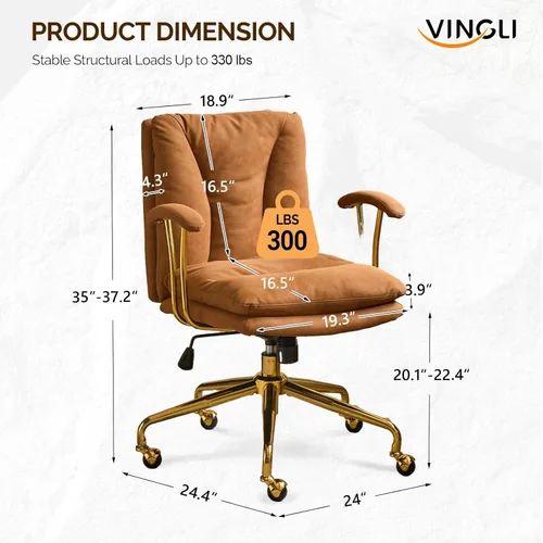 Miniatura 2 de VINGLI Silla de escritorio para oficina en casa, cómoda con ruedas y reposabrazos extraíbles, silla de tocador con base dorada con respaldo, silla