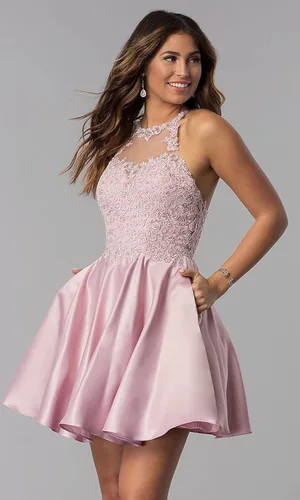 Miniatura 3 de WaterDress Vestidos cortos de satén con apliques de encaje y bolsillos, vestidos de cóctel para adolescentes WD029