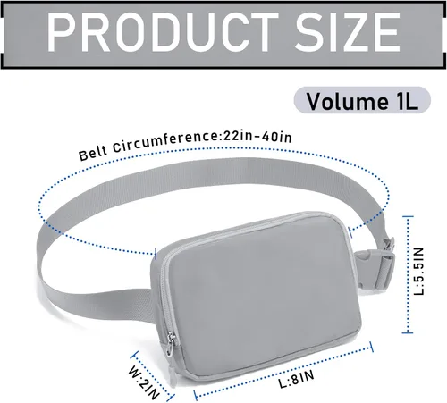 Miniatura 7 de Riñonera, bolsa para cinturón, correa ajustable ajustable de 40 pulgadas, para mujeres y hombres, Gris, Bolsa de cinturón