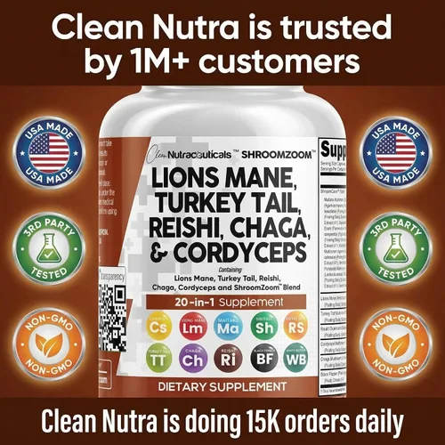 Miniatura 8 de Clean Nutraceuticals Lions Mane - Suplemento de hongos 20 en 1 con Turkey Tail Reishi Cordyceps Chaga Maitake Meshima Poria Cocos Shiitake Oyster