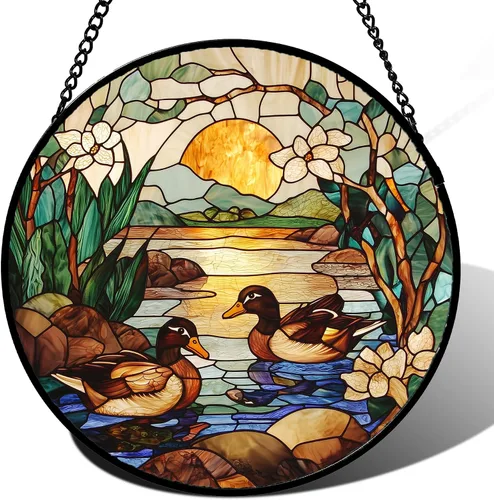 Miniatura 13 de Colgador de vidrieras para colgar, atardecer montañas, lago, árbol, atrapasoles para ventana, decoración del hogar, paisaje, día de la madre